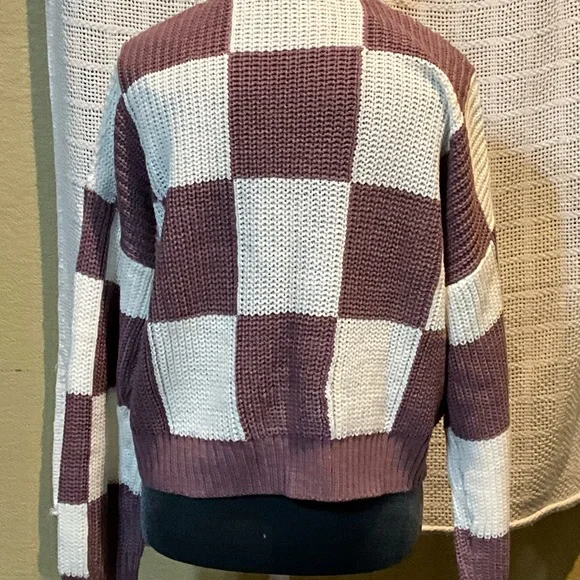 Love Tree Plaid Knit Cardigan - Mauve and Cream - Picture 2 of 9